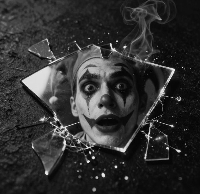 A shattered mirror reflecting a panicked eye, showing how the narcissist DARVO technique reveals their guilt.